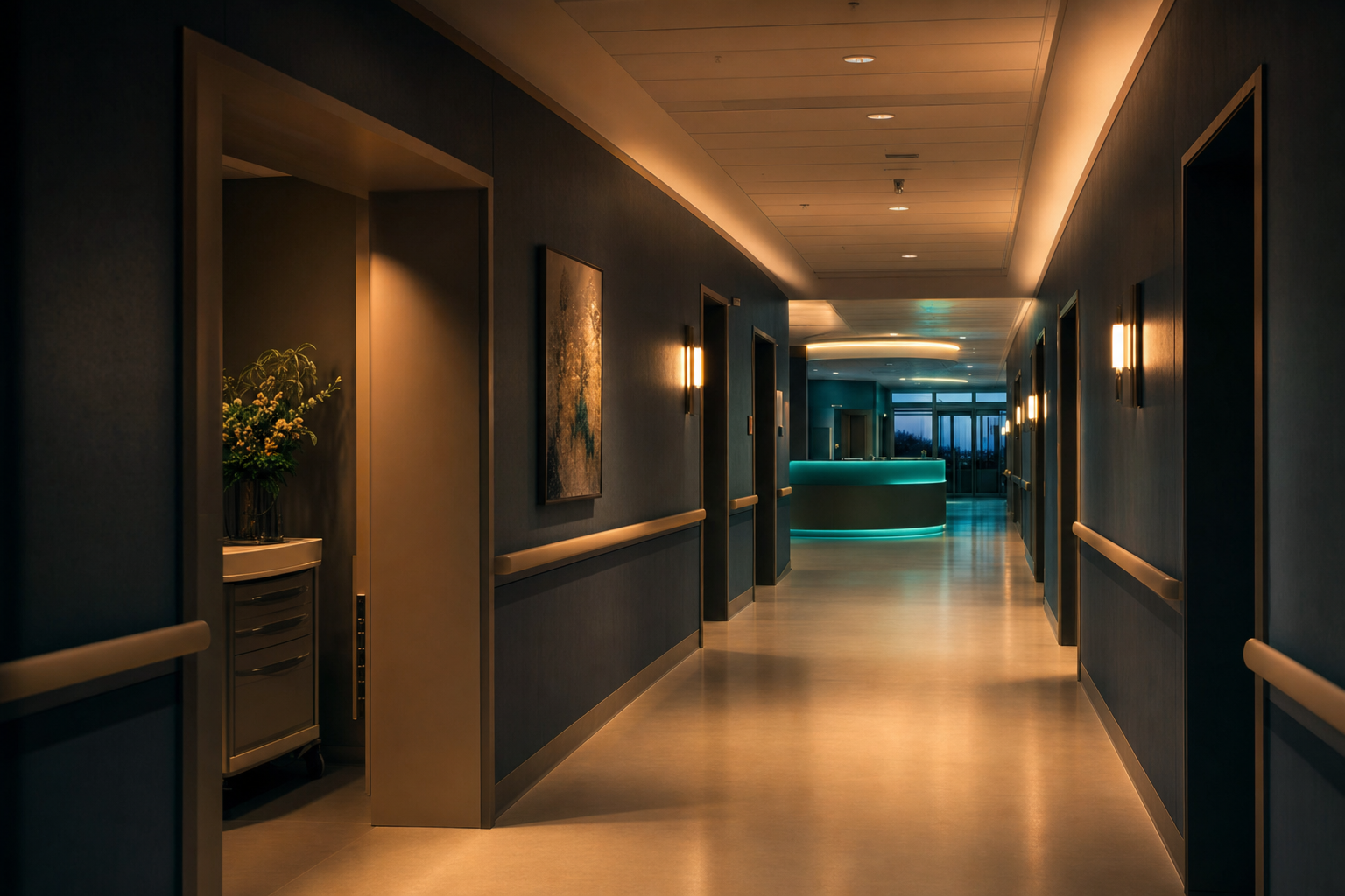 A softly lit hospital corridor at dusk