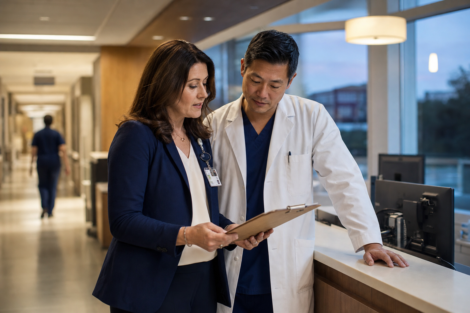 A hospital discharge planner reviews a chart with a hospitalist at a nurses station