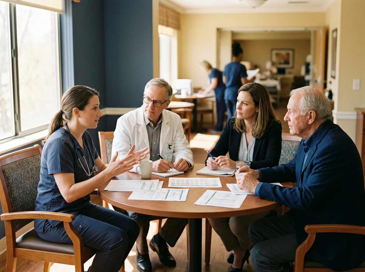 Interdisciplinary care team meeting around a table
