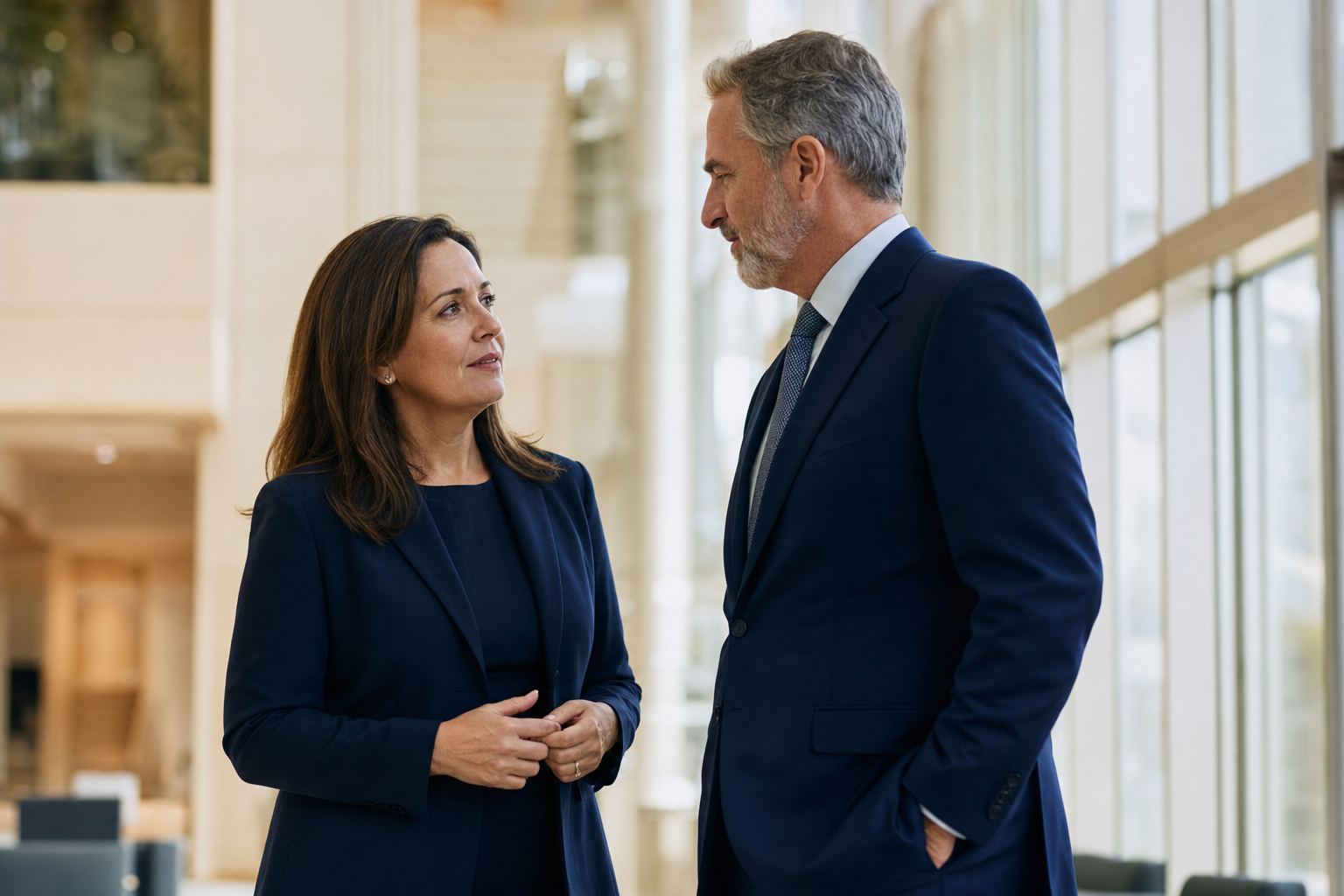 Two healthcare executives having a serious conversation in a hospital atrium