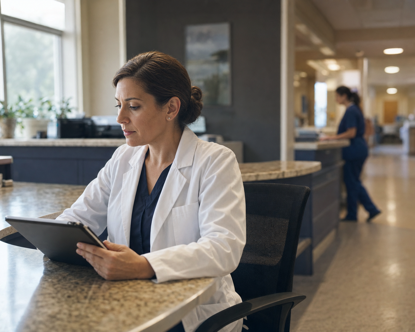 A physiatrist at a SNF nursing station reviewing patient records